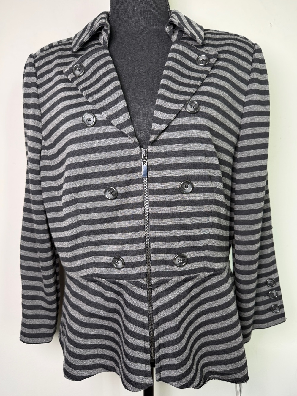Tahari Arthur S Levine NWT Striped Double Breasted Peplum Jacket Grey Black 12